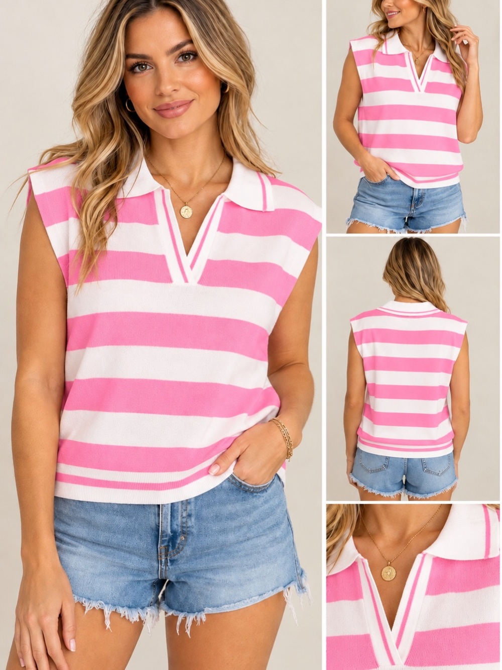 Striped Pink & Ivory Sleeveless Sweater Top. Candy Pink